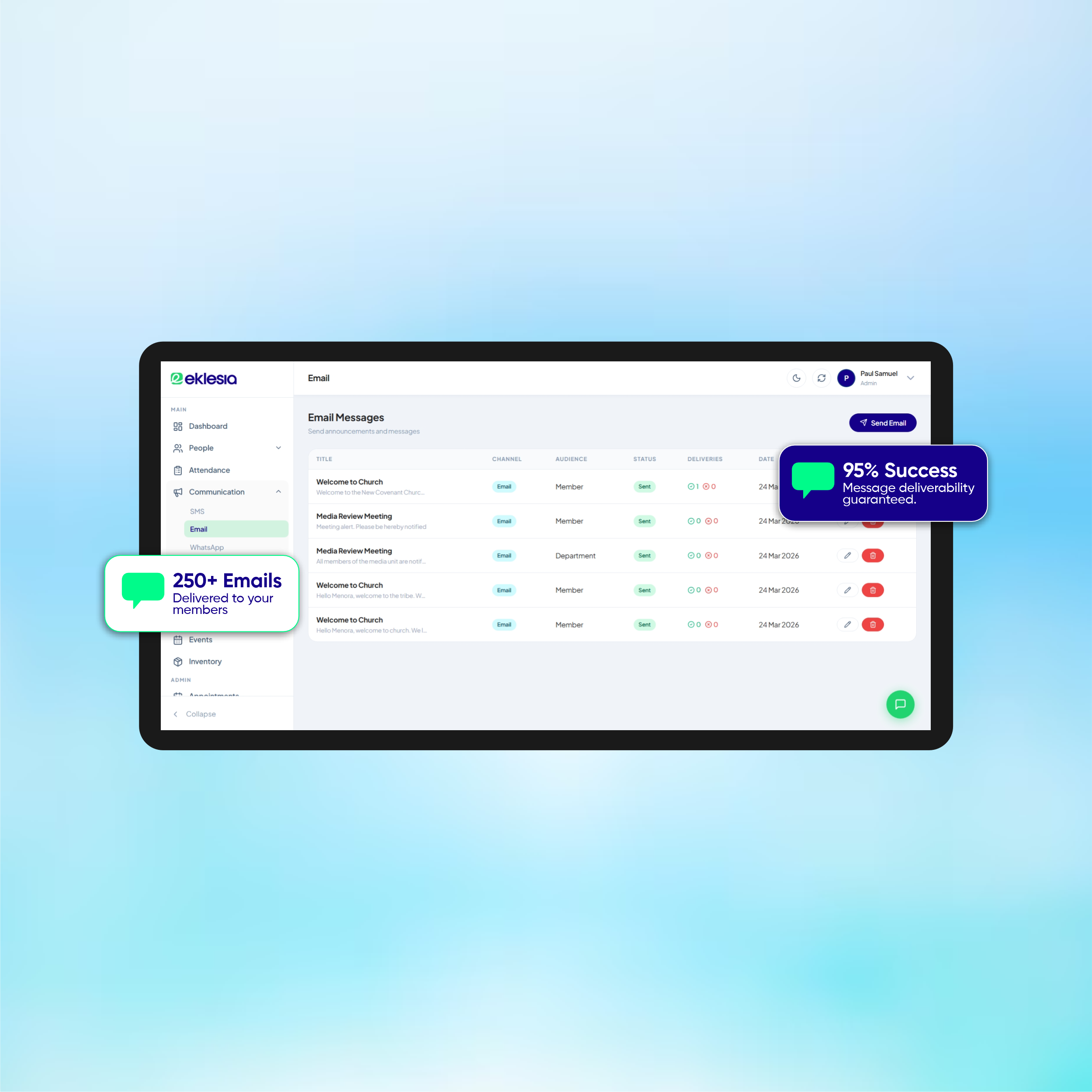 Eklesia bulk SMS and email communication dashboard for churches
